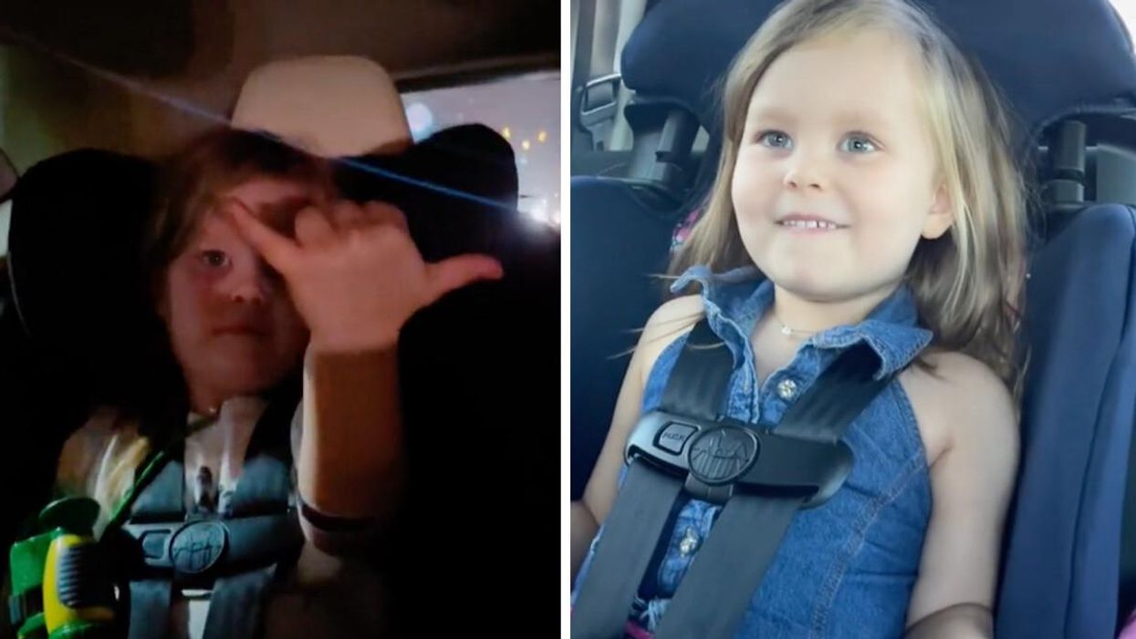 Little Olivia rocking to Paramore in a viral TikTok video. Right: Olivia sitting in the back of a car.