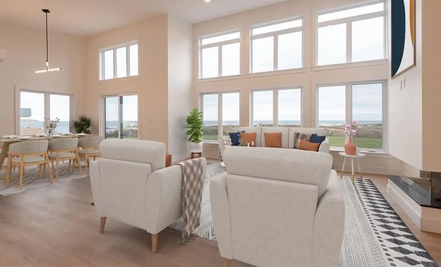 living room and dining room with ocean views in the house for sale in nova scotia