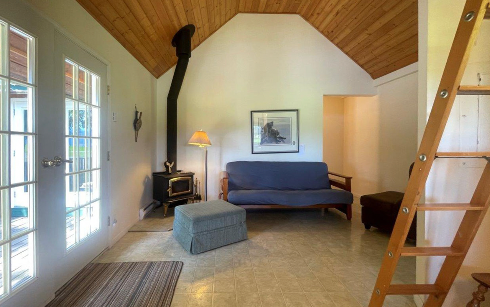 Living room and wood stove.