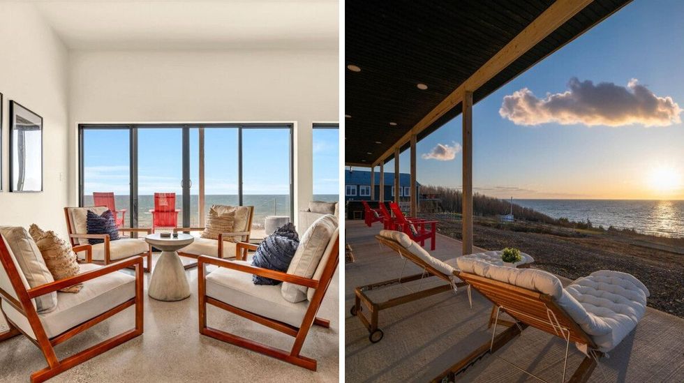 living room in a house for sale in nova scotia. right: patio overlooking ocean