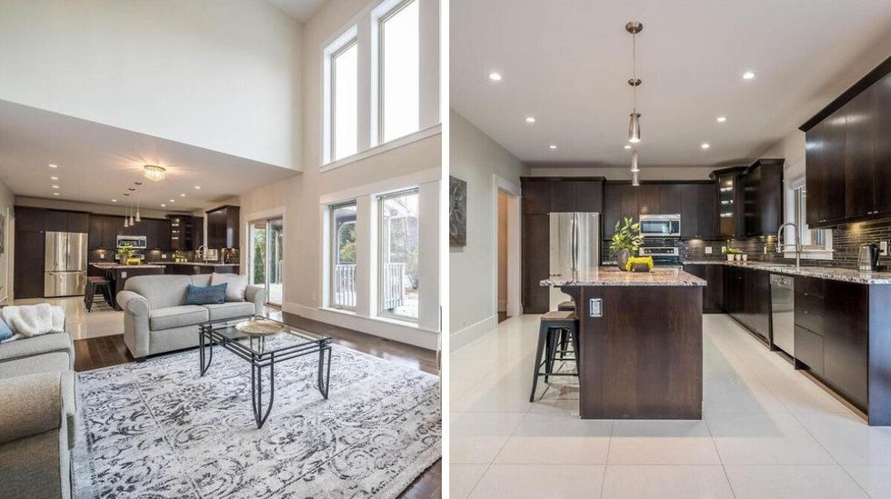 Living room of the house for sale in Halifax with large windows overlooking the backyard. Right: Kitchen with an island.