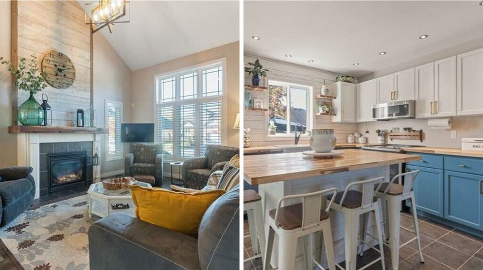 living room with a stone fireplace and vaulted ceiling. right: kitchen with blue and white cabinets, shiplap backsplash and butcher block counters