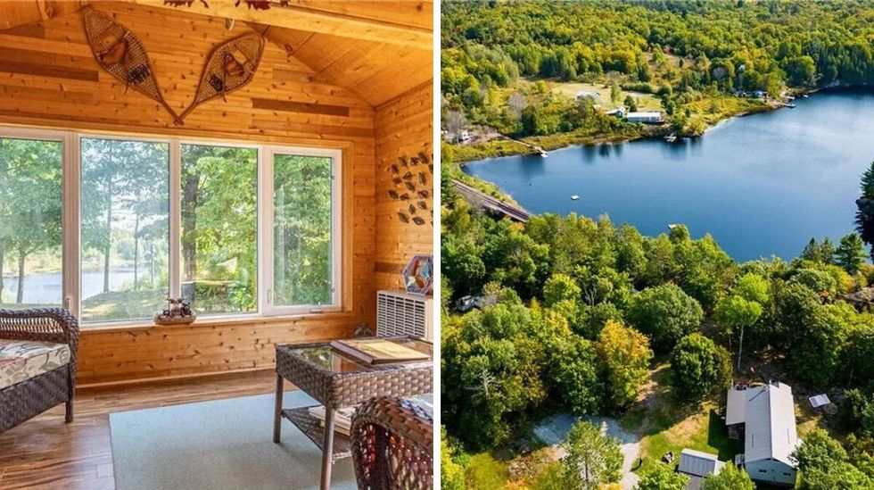 Living room with lake views in this Ontario house for sale. Right: Aerial view of the house and water.