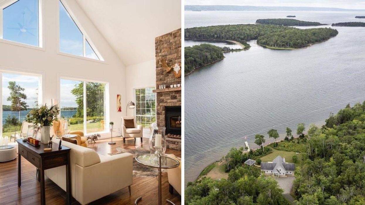 Living room with views of the water at the house for sale in Nova Scotia. Right: Aerial view of the home and the lake.