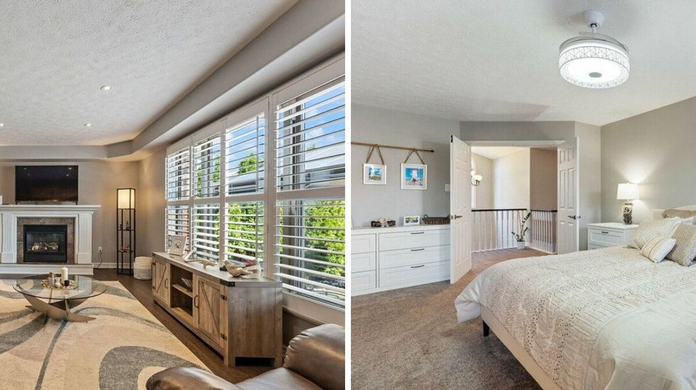 living room with wood floors, a fireplace and big windows. right: main bedroom with french doors that open to a vaulted ceiling