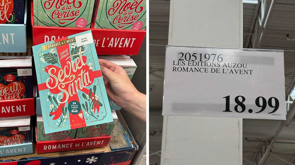 Livre Secret Santa de Sophie Jomain en vente chez Costco. Droite : affiche Costco pour les livres Romance de l'Avent.