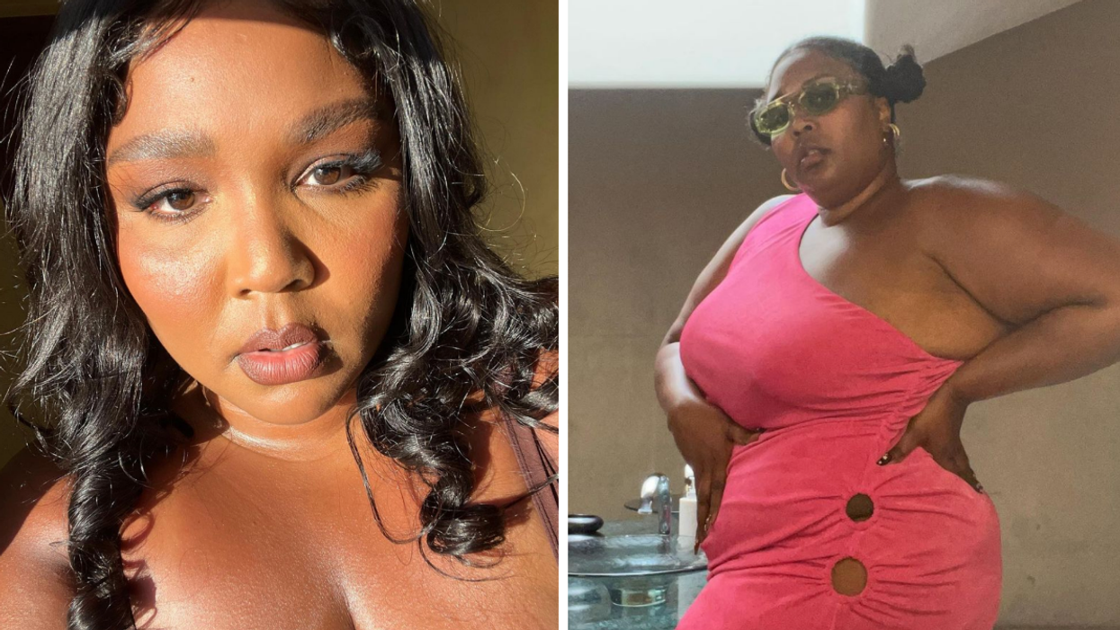 Lizzo close-up. Right: Lizzo in a pink dress.