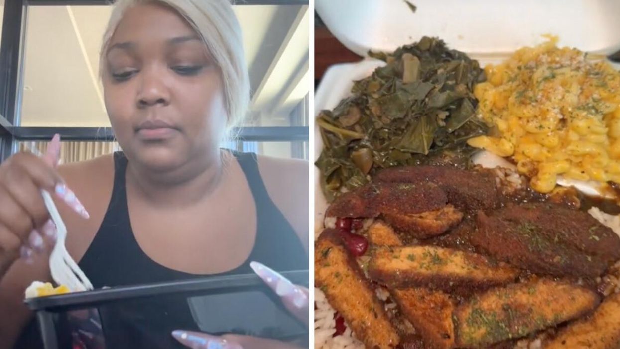 Lizzo holding a plate of vegan food from Planted Soul. Right: Planted Soul's Jamaican Me Crazy dish.