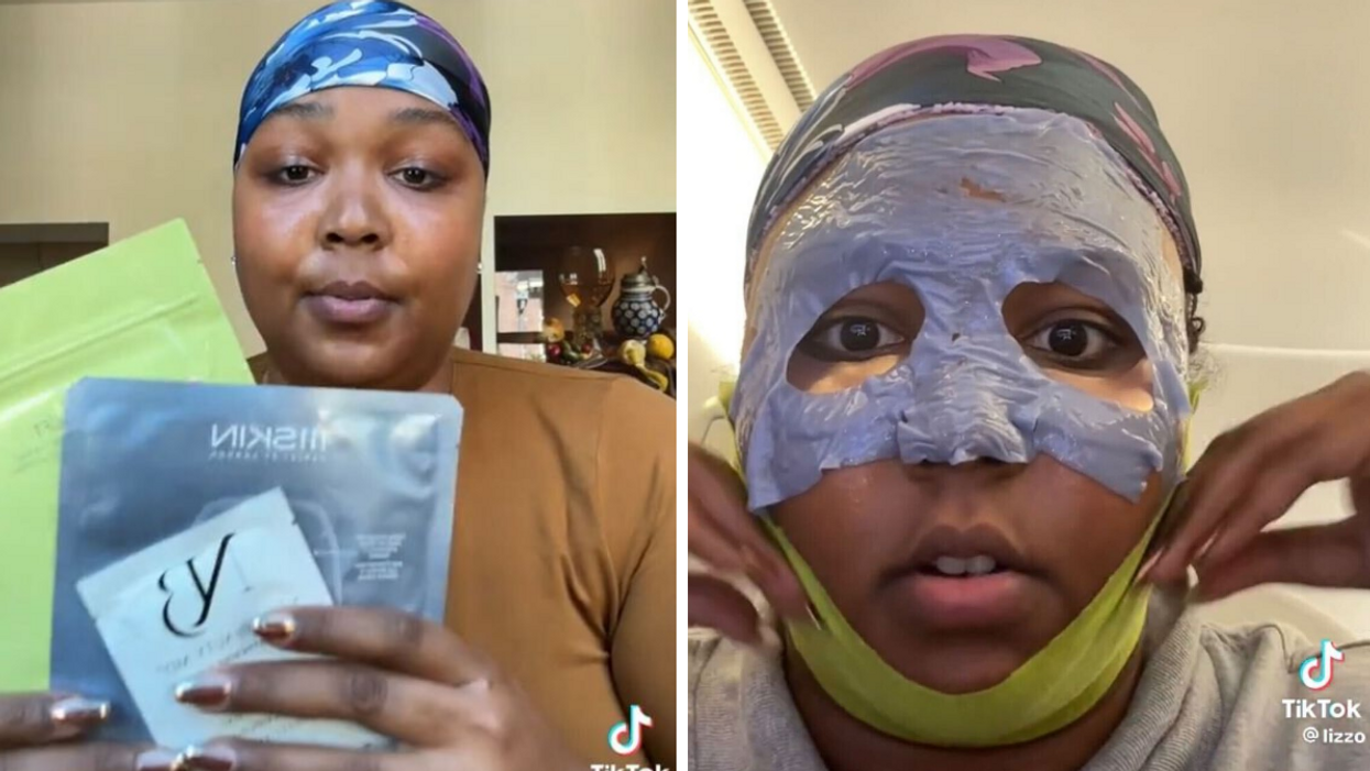Lizzo holding beauty products. Right: Lizzo wearing a sheet mask.