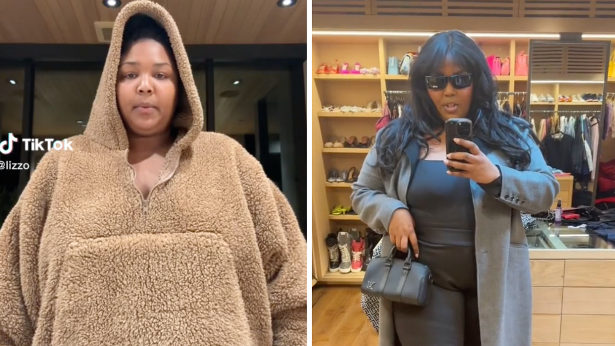 Lizzo in a brown hoodie. Right: Lizzo in her jury duty outfit.