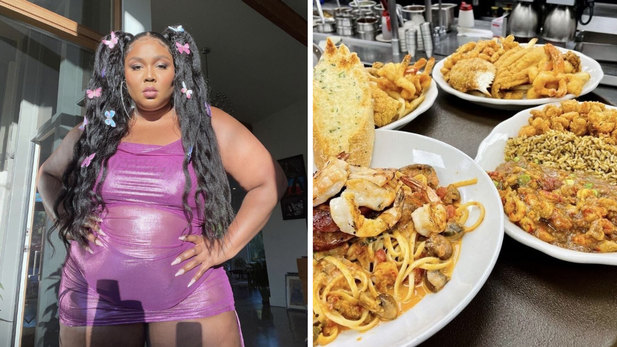 Lizzo in a pink dress. Right: Plates of food from Pappadeaux.