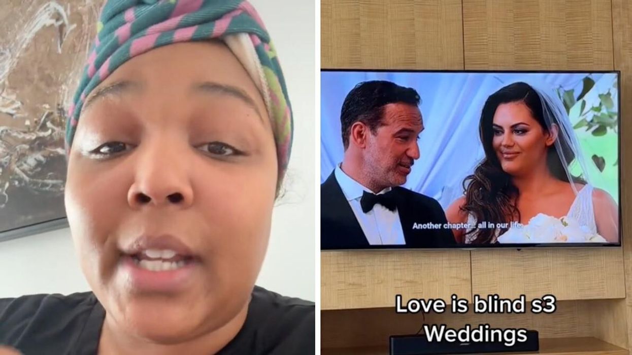 Lizzo. Right: Lizzo watching Love Is Blind.