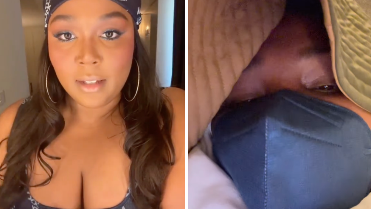 Lizzo. Right: Lizzo wearing a face mask.