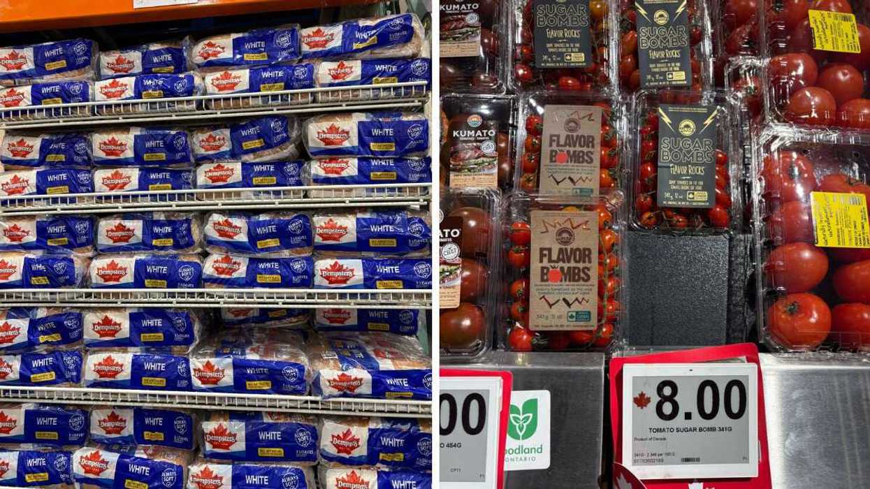 loaves of bread on racks at costco. right: packs of tomatoes at a loblaws store