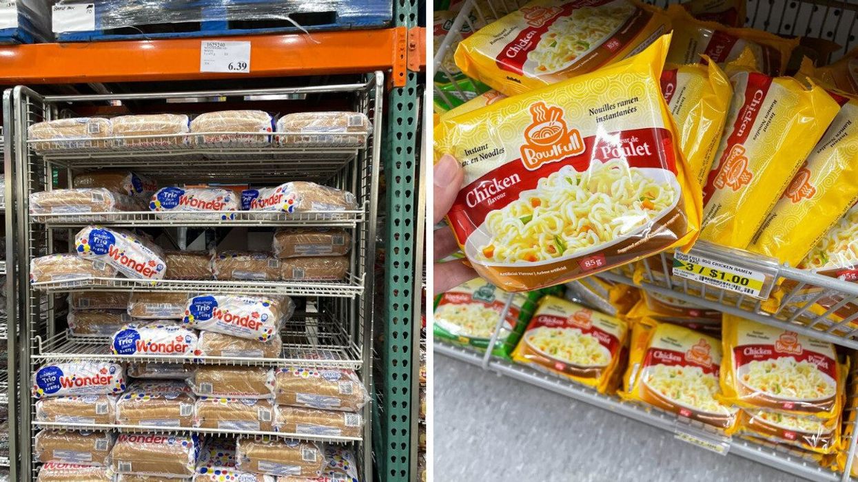 loaves of bread on shelves at costco in canada. right: person holding pack of instant noodles at dollarama