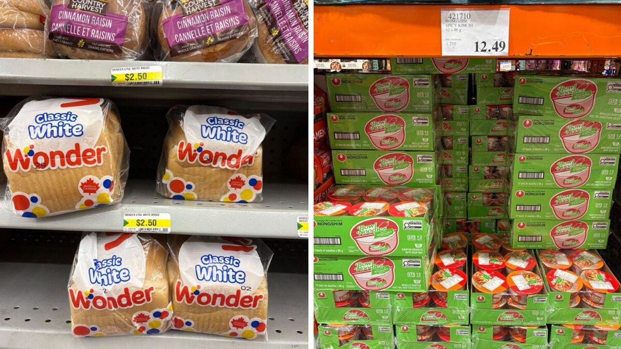 loaves of bread on shelves at dollarama. right: boxes of instant noodles at costco