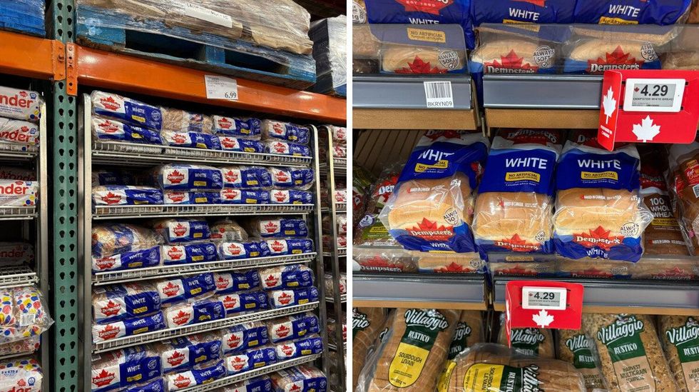 loaves of dempster's bread on racks at costco. right: loaves of dempster's bread on shelf at loblaws