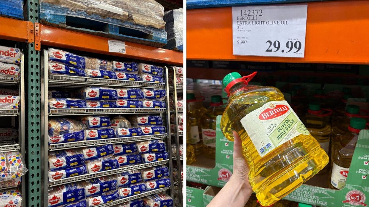 loaves of dempster's bread on racks at costco. right: person holding bottle of bertolli olive oil at costco
