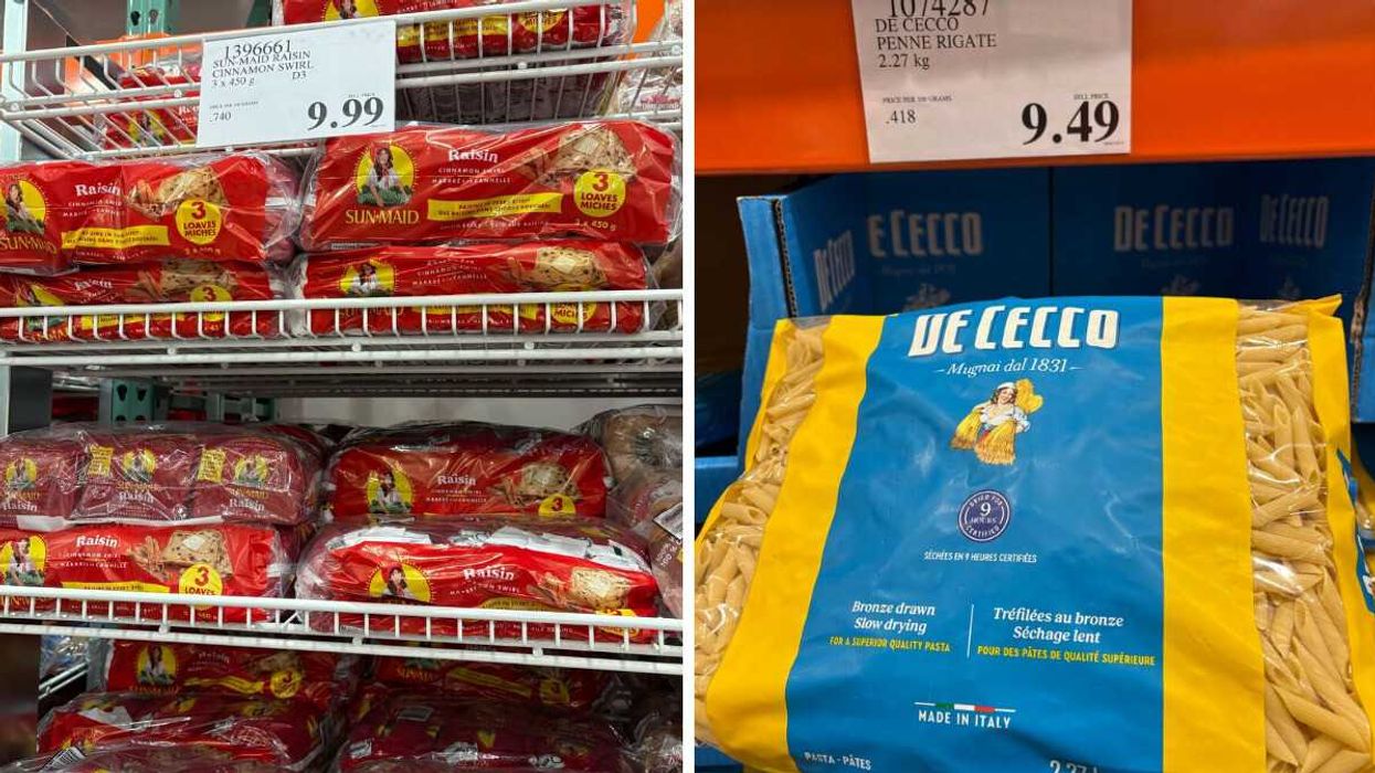loaves of sun maid raisin bread on racks at costco. right: bag of de cecco pasta at costco