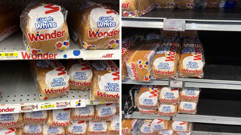 loaves of \u200bWonder bread at Dollarama. Right: loaves of Wonder bread at Walmart.