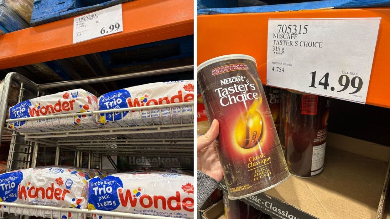 loaves of wonder bread at costco. right: person holding nescafe instant coffee at costco