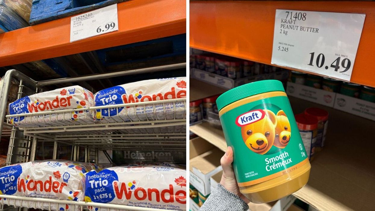 loaves of wonder bread on racks at costco. right: person holding tub of kraft peanut butter at costco