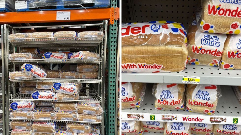 loaves of wonder bread on shelves at costco and dollarama