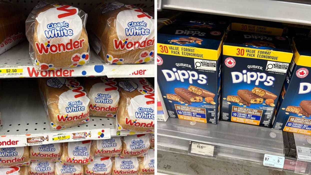 loaves of wonder bread on shelves at dollarama. right: boxes of dipps granola bars on shelf at walmart