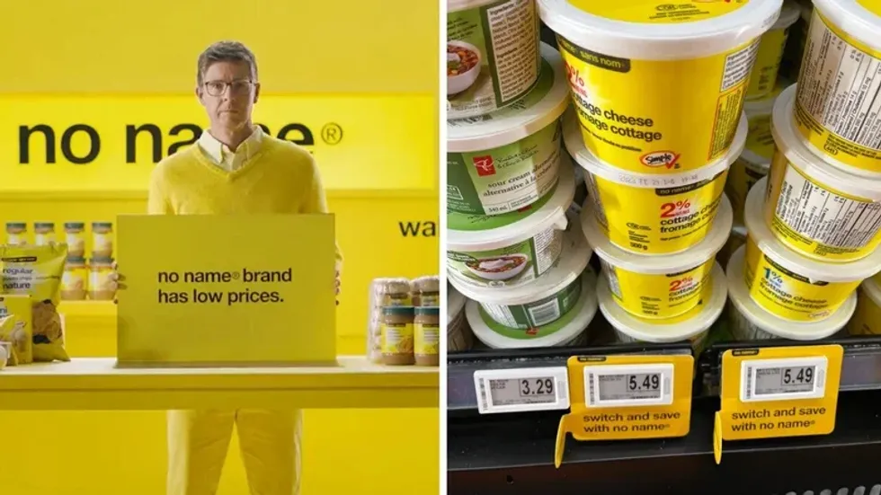 Loblaws President Galen Weston Jr. in a No Name commercial. Right: No Name cottage cheese.