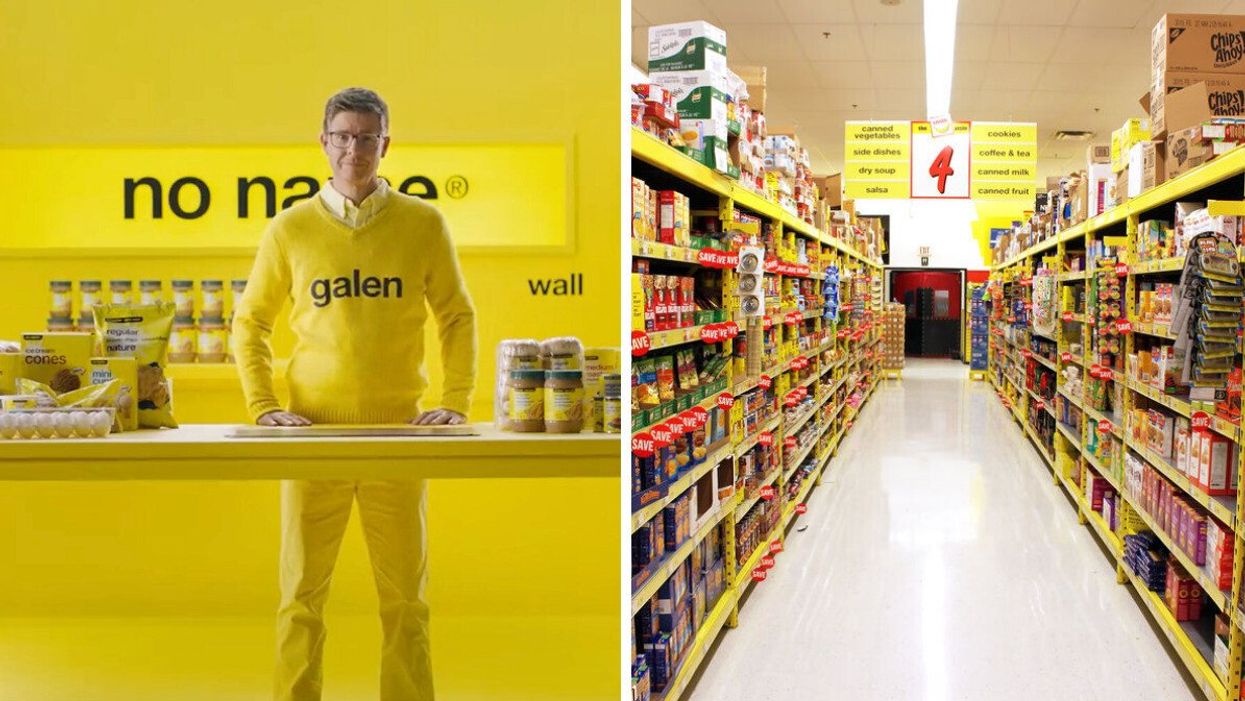 Loblaws President Galen Weston. Right: The aisle of a No Frills grocery store in Toronto, Ontario.
