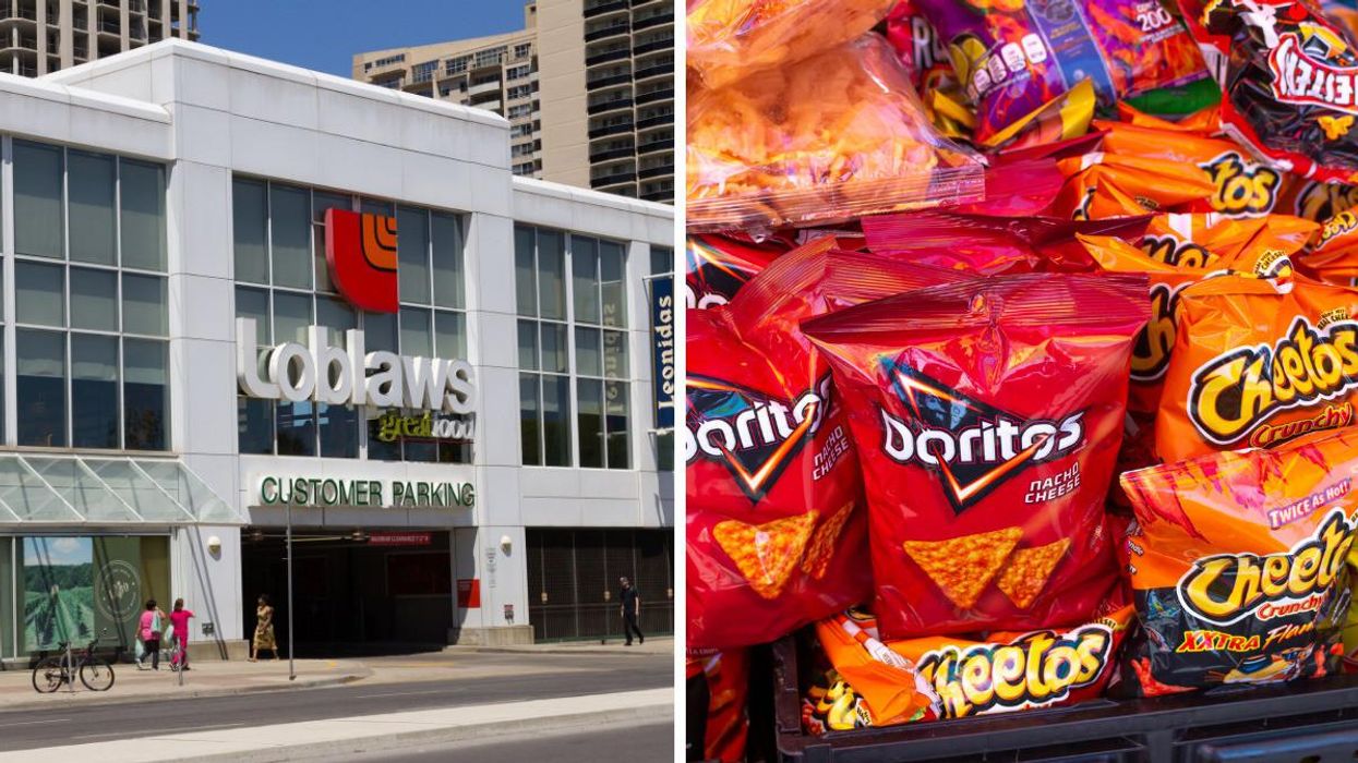 Loblaws store in Canada. Right: Frito-Lay chips Doritos and Cheetos.