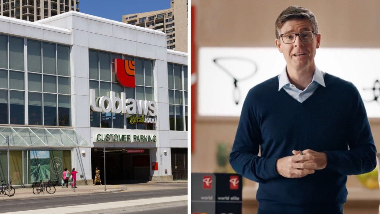 Loblaws store in Toronto. Right: Galen Weston in a No Name commercial.