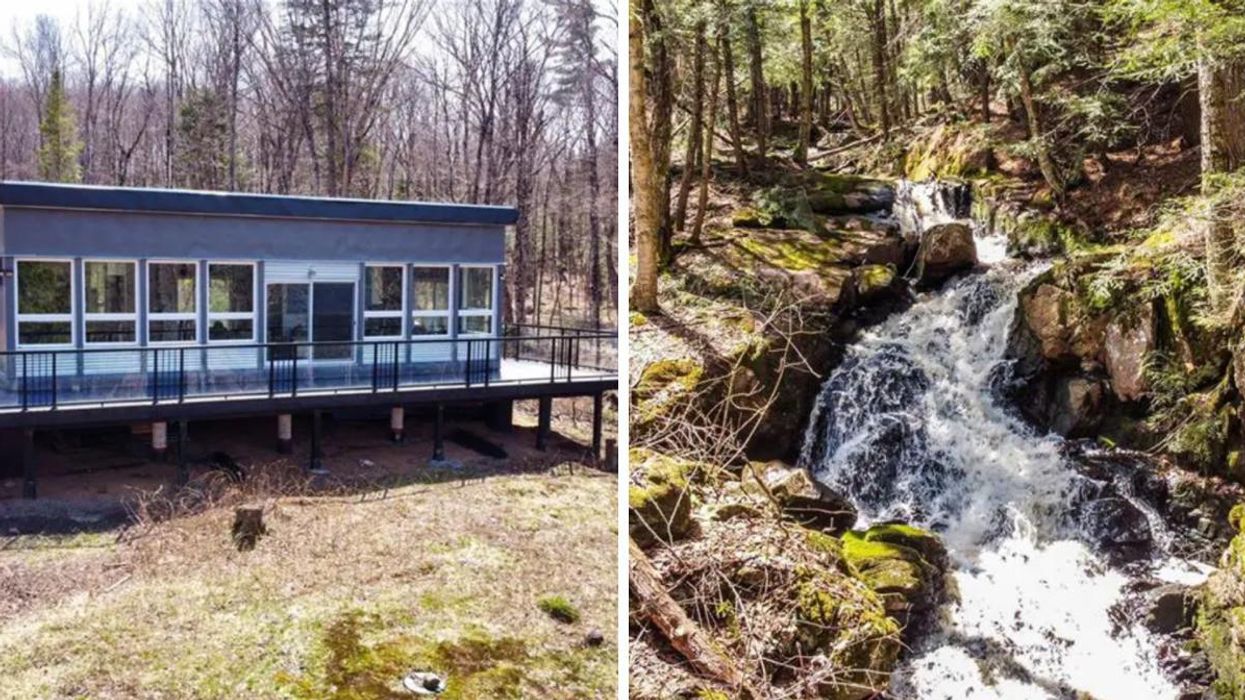 Loft-style home with deck. Right: Waterfall in the woods.