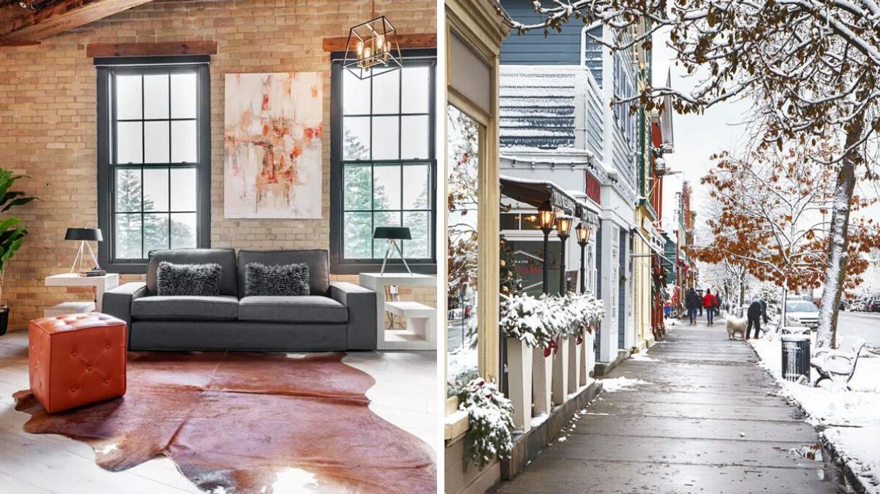 Loft with exposed brick walls. Right: Snowy street in Niagara-on-the-Lake.