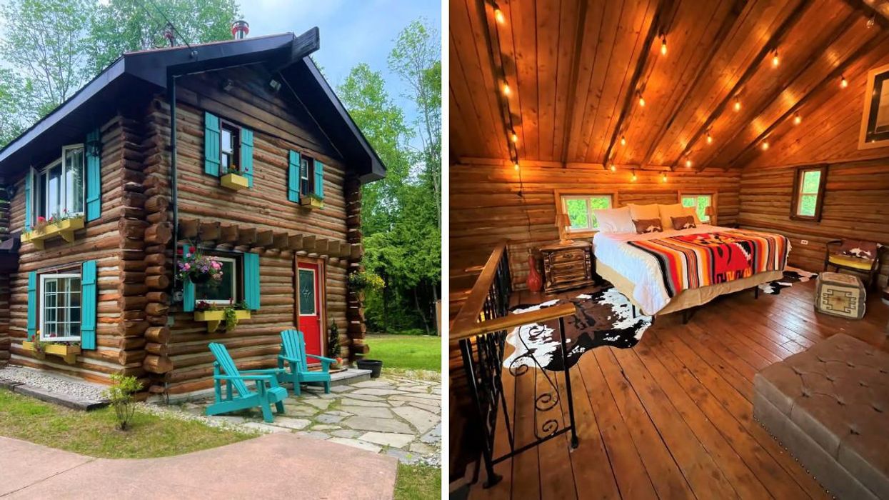 Log Airbnb in Ontario. Right: Airbnb bedroom with string lights and a colourful blanket.