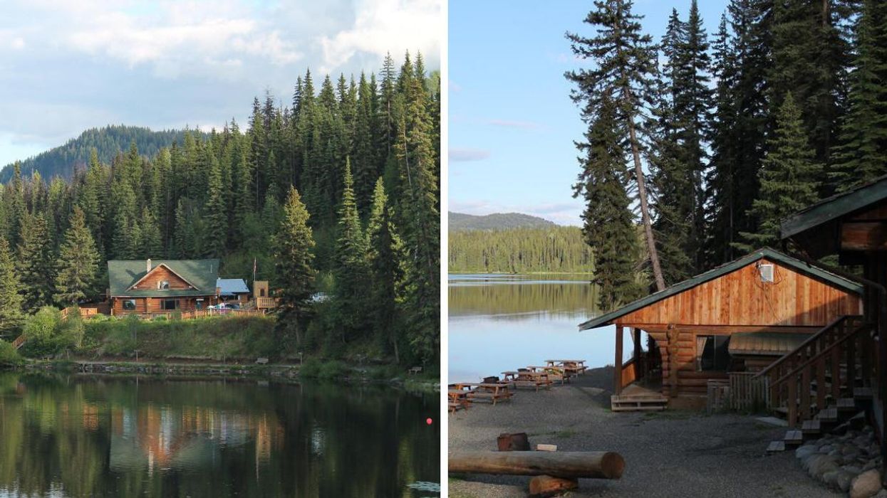 Log cabin and resort for sale in B.C. Right: Lakefront resort for sale in B.C.