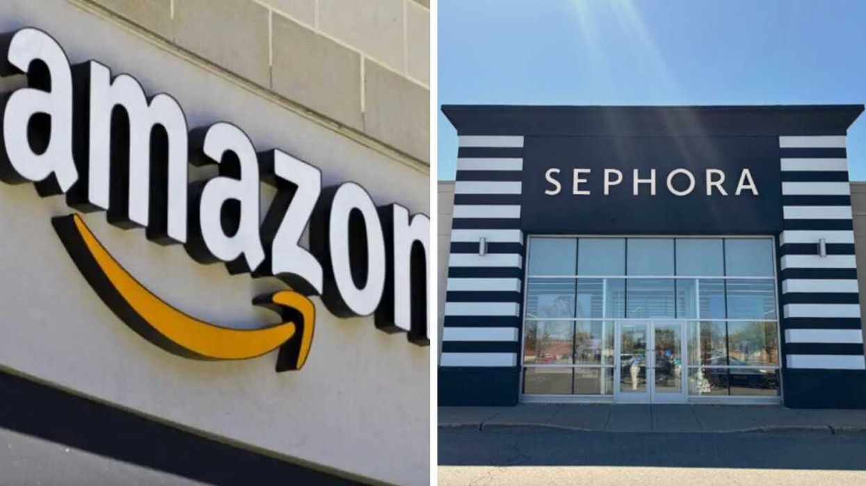 Logo Amazon. Droite : Devanture d'un Sephora.