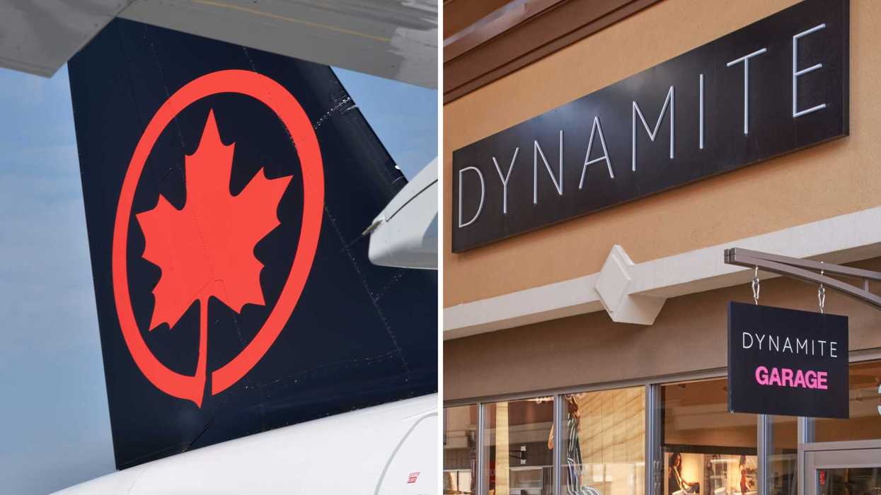 Logo d'Air Canada. Droite : Logo de l'entreprise Dynamite.