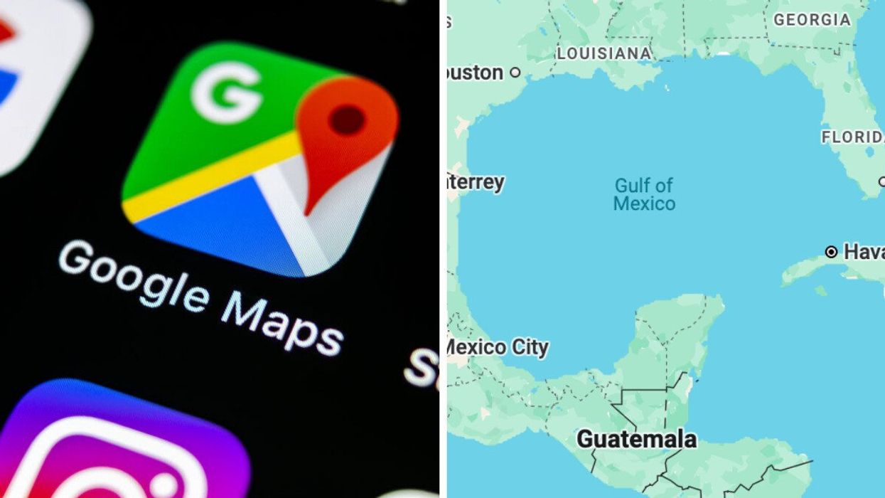 Logo de Google Maps. Droite : Capture d'écran du Gulf of Mexico sur Google Maps.