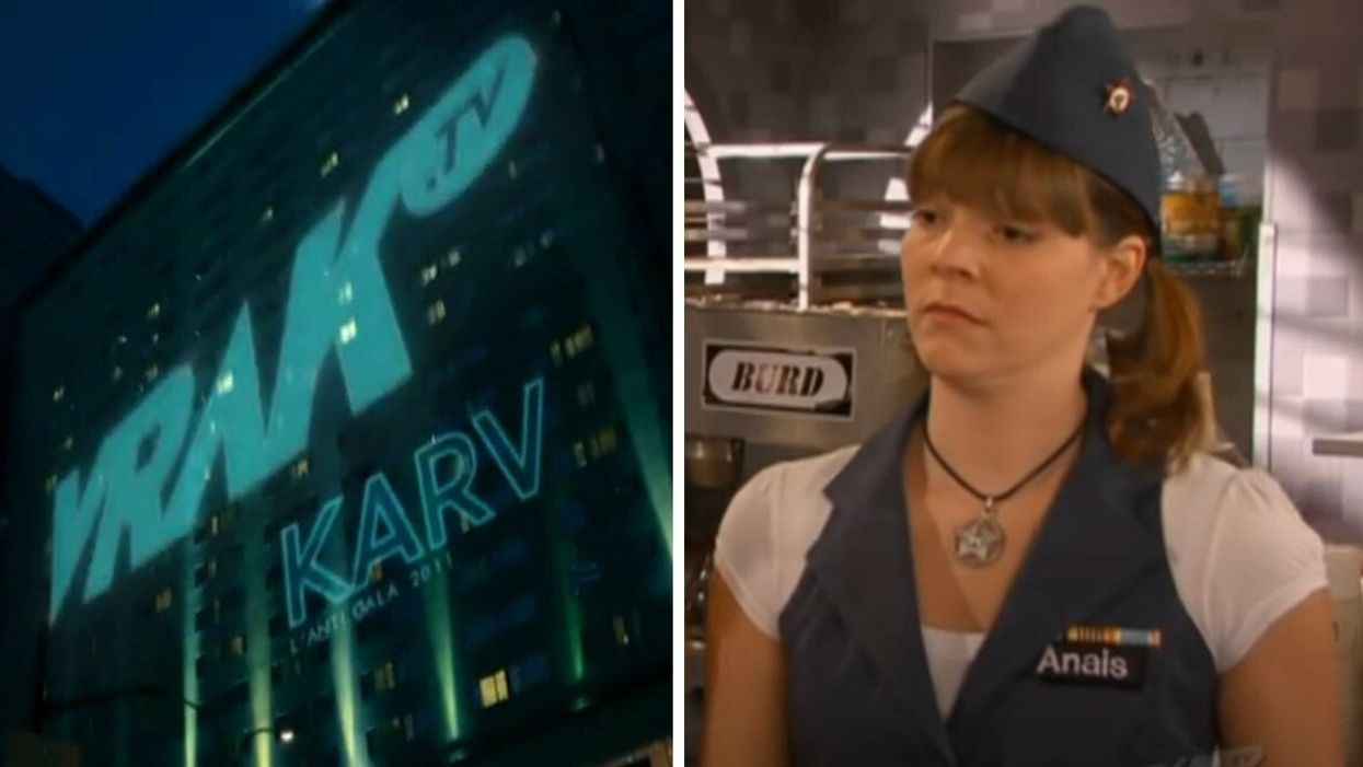 Logo de KARV. Droite : Catherine Proulx-Lemay dans Une grenade avec ça?