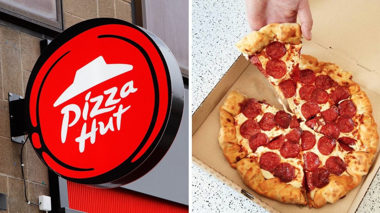 Logo de Pizza Hut. Droite : Pizza au pepperoni de Pizza Hut tandis qu'une main prend une pointe.