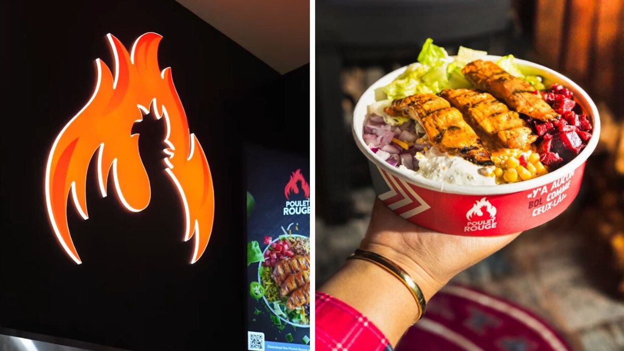 Logo des restaurants Poulet Rouge. Droite : Un bol du Poulet Rouge.