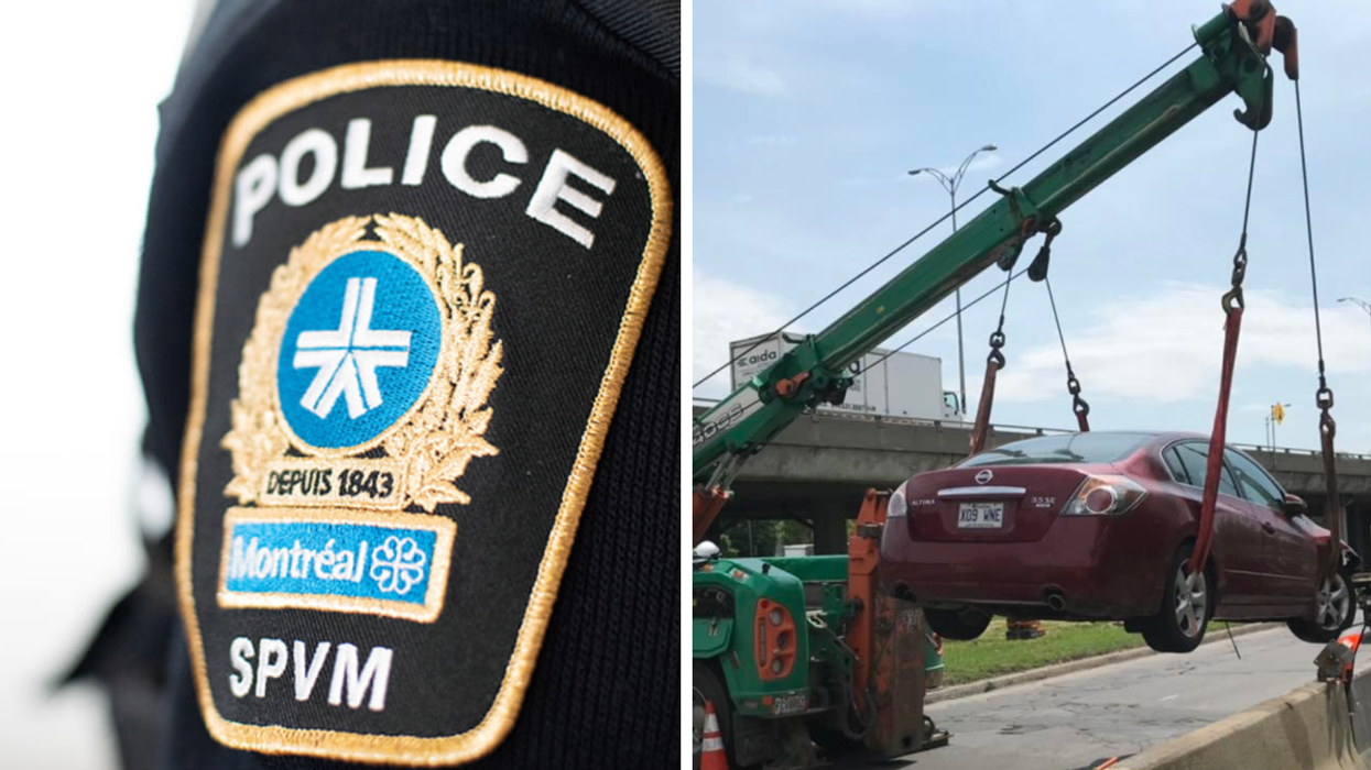 Logo du SPVM. Droite : Une dépanneuse de Remorquage Meteor.