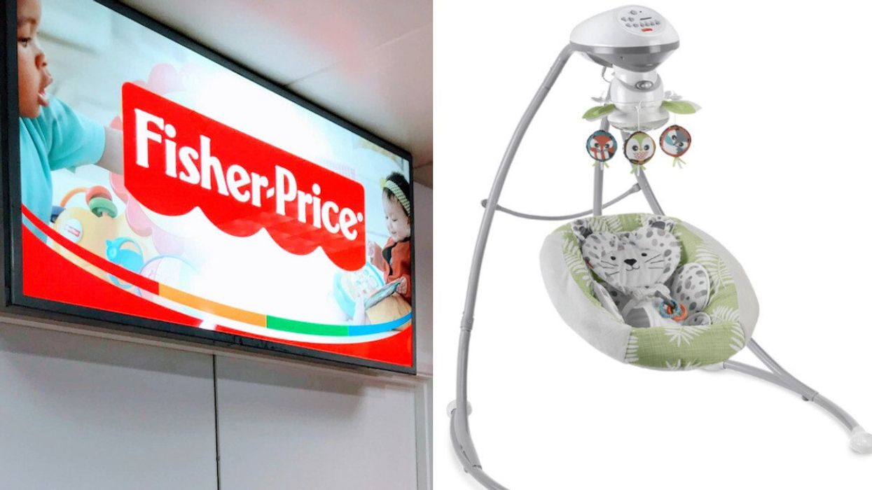 Logo Fisher-Price. Droite : Balancelles Snuga de Fisher-Price
