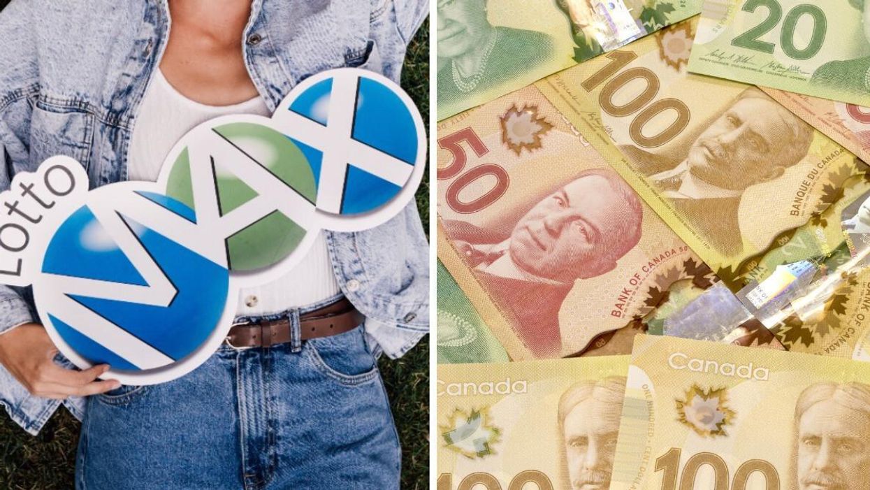 Logo Lotto Max. Droite : Monnaie canadienne.
