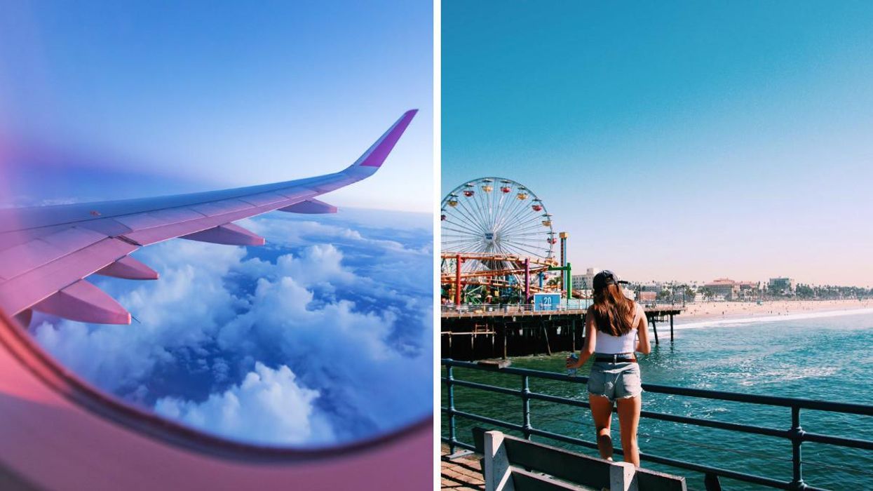 Looking out of a plane window, right, person walking on the Santa Monica Pier.