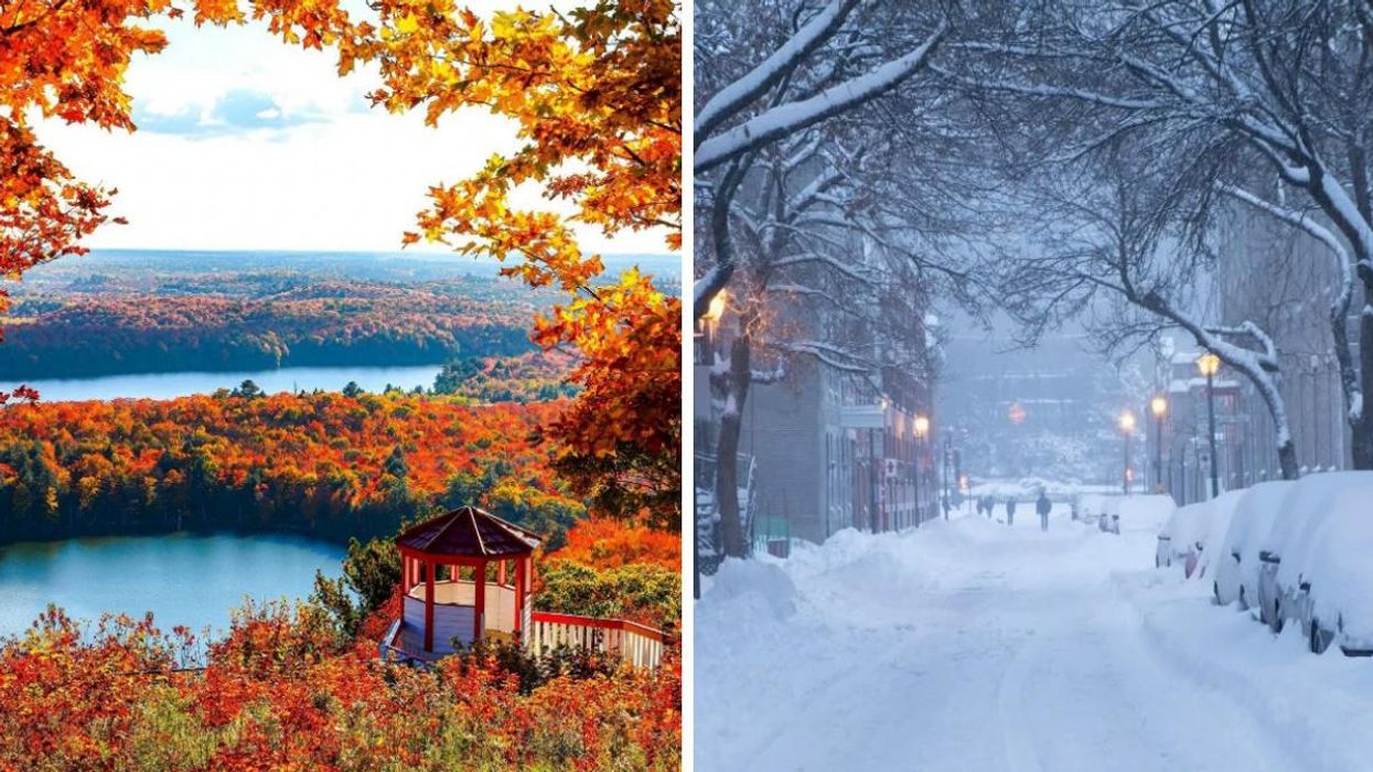 Lookout tower surrounded by fall colours. Right: Trees and cars covered in snow along a street in Montreal.