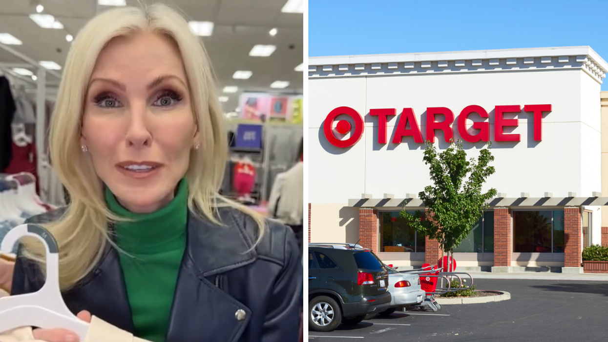 Lora holding a hanger in her Target clearance TikTok. Right: The exterior of a Target store.