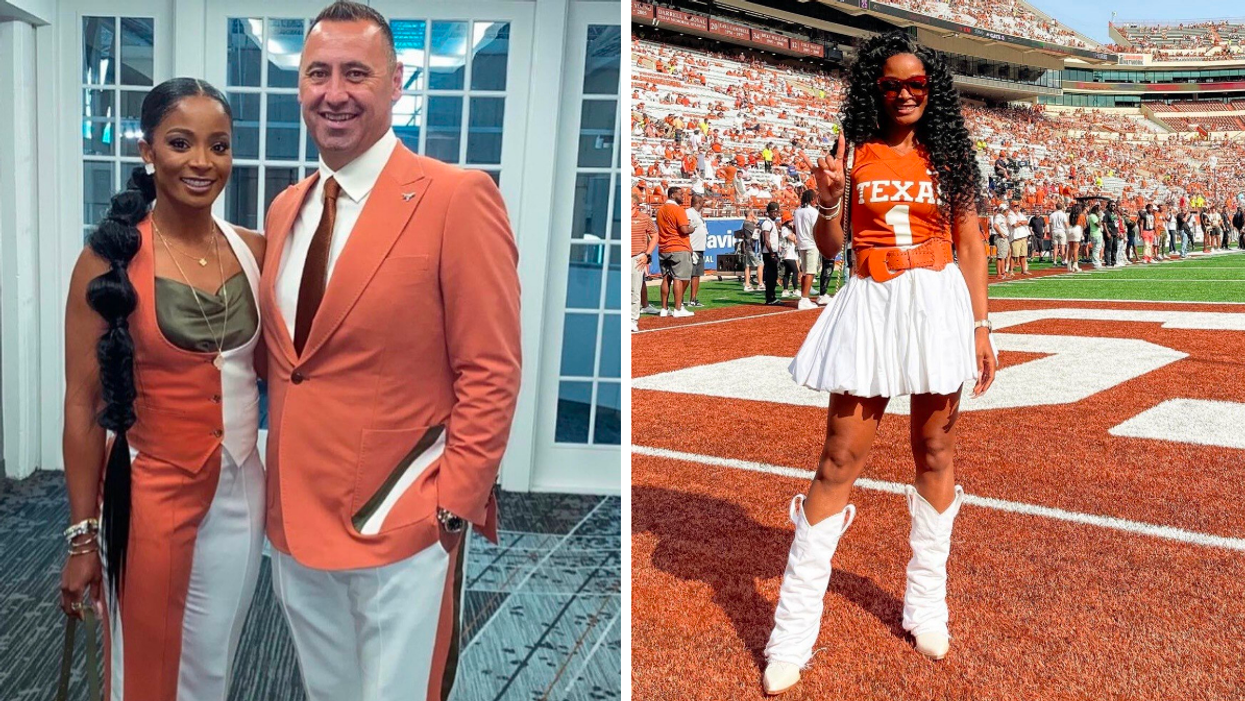 Loreal and Steve Sarkisian in orange and white outfits. Right: Loreal wearing a UT jersey, white skirt, and white boots.