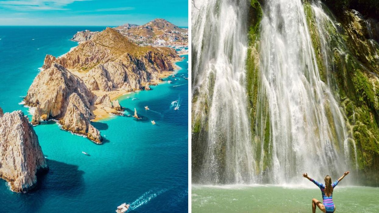 Los Cabos, Mexico. Right: A person sits by a waterfall in Samana, Dominican Republic.